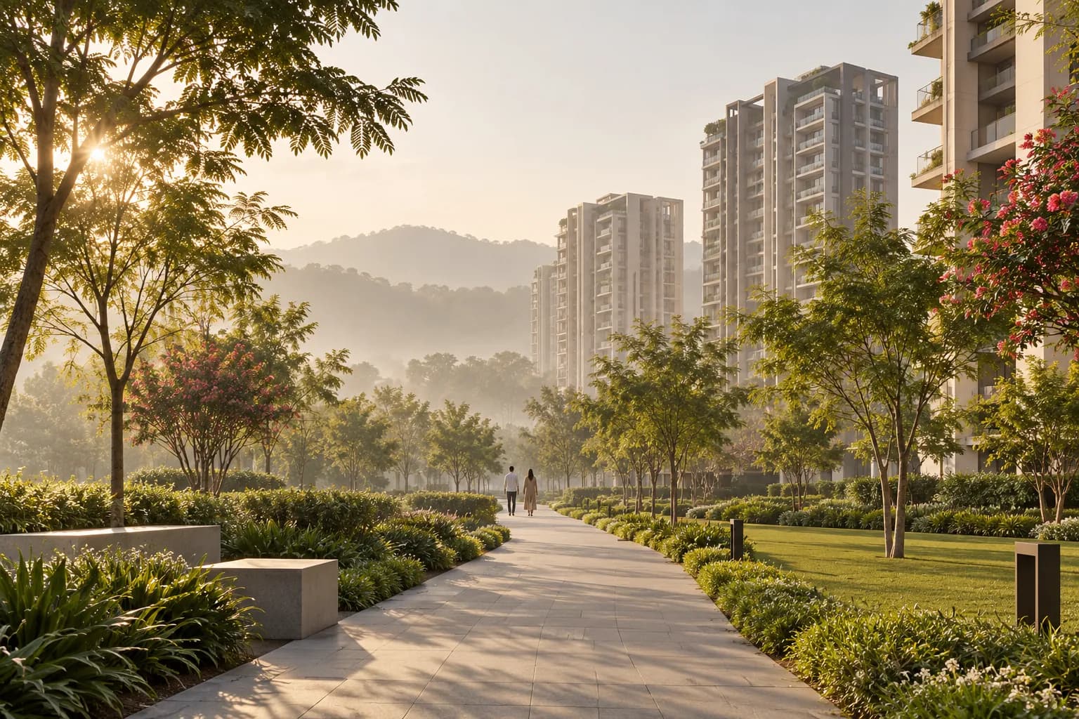 A landscaped walkway leading towards apartment towers, hills in the distance