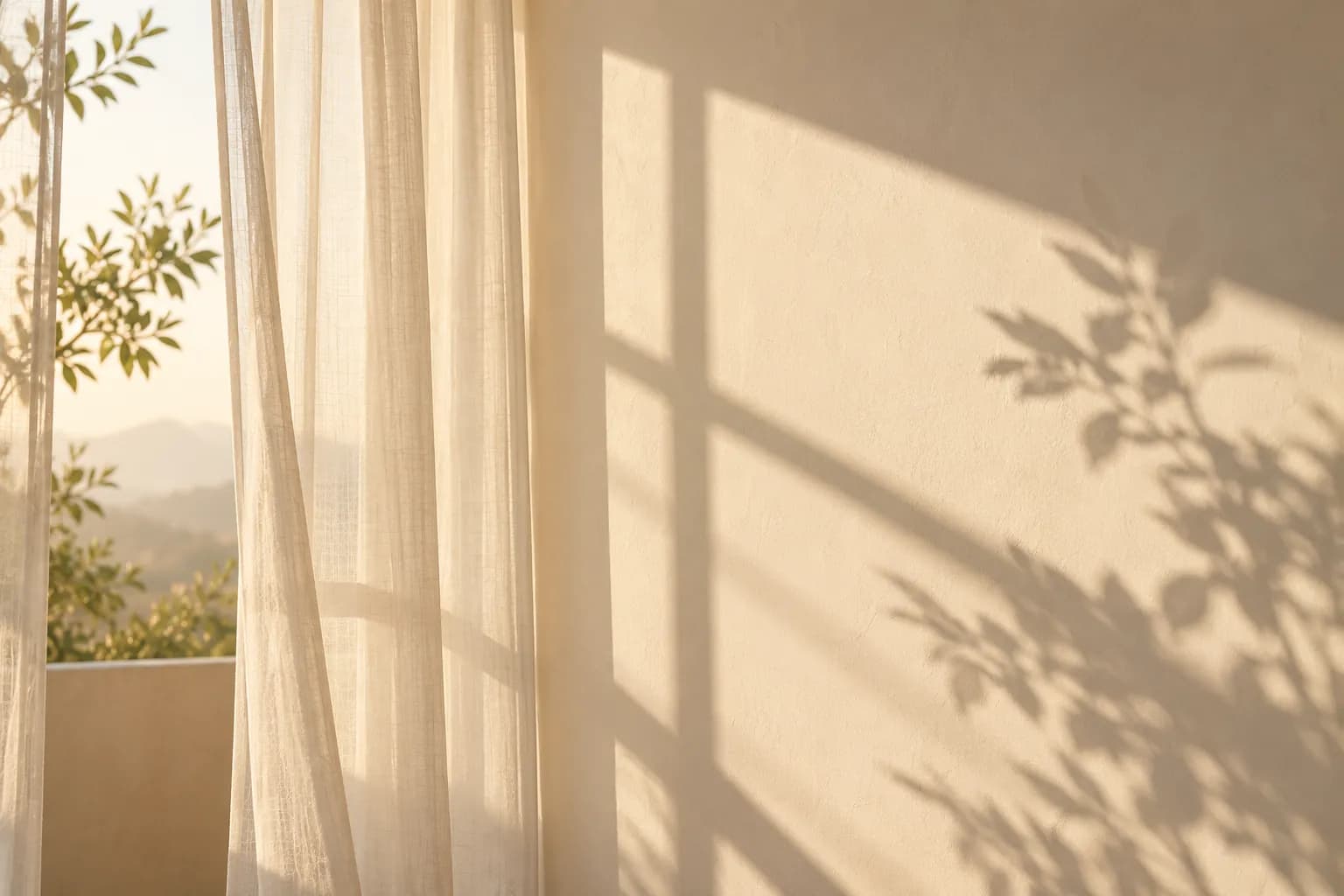 Morning light and leaf shadows on a quiet wall beside sheer curtains