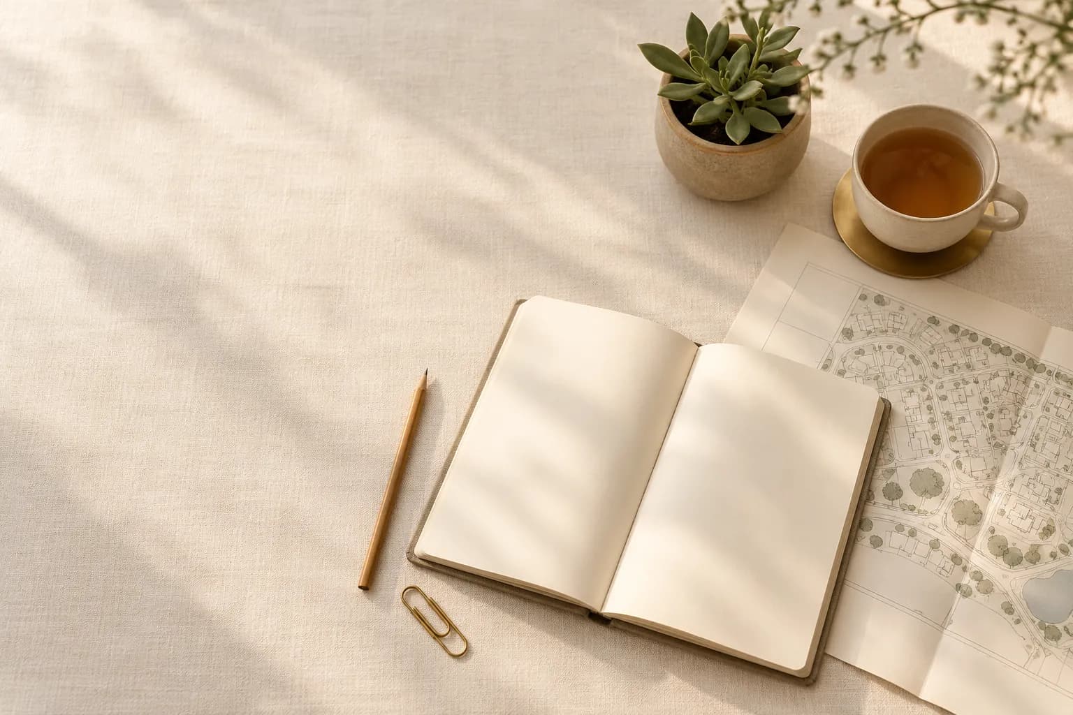 An open notebook, pen and cup of tea on a linen-covered table
