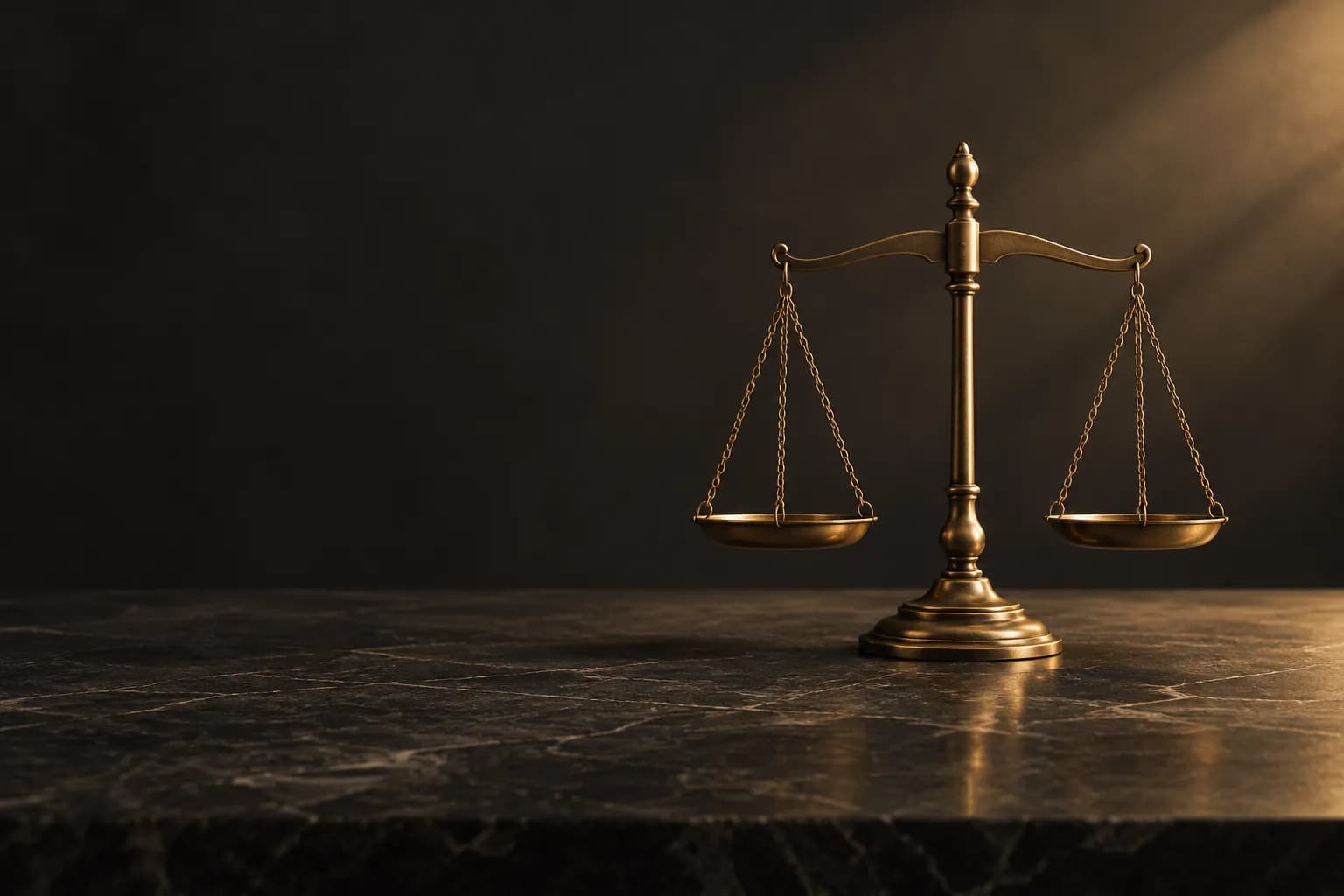A brass balance scale on a dark stone surface