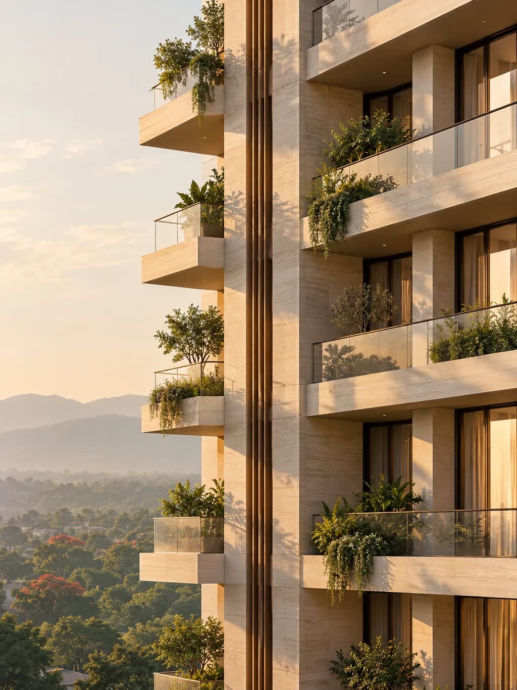 Planted balconies on a stone-clad apartment tower in early morning light