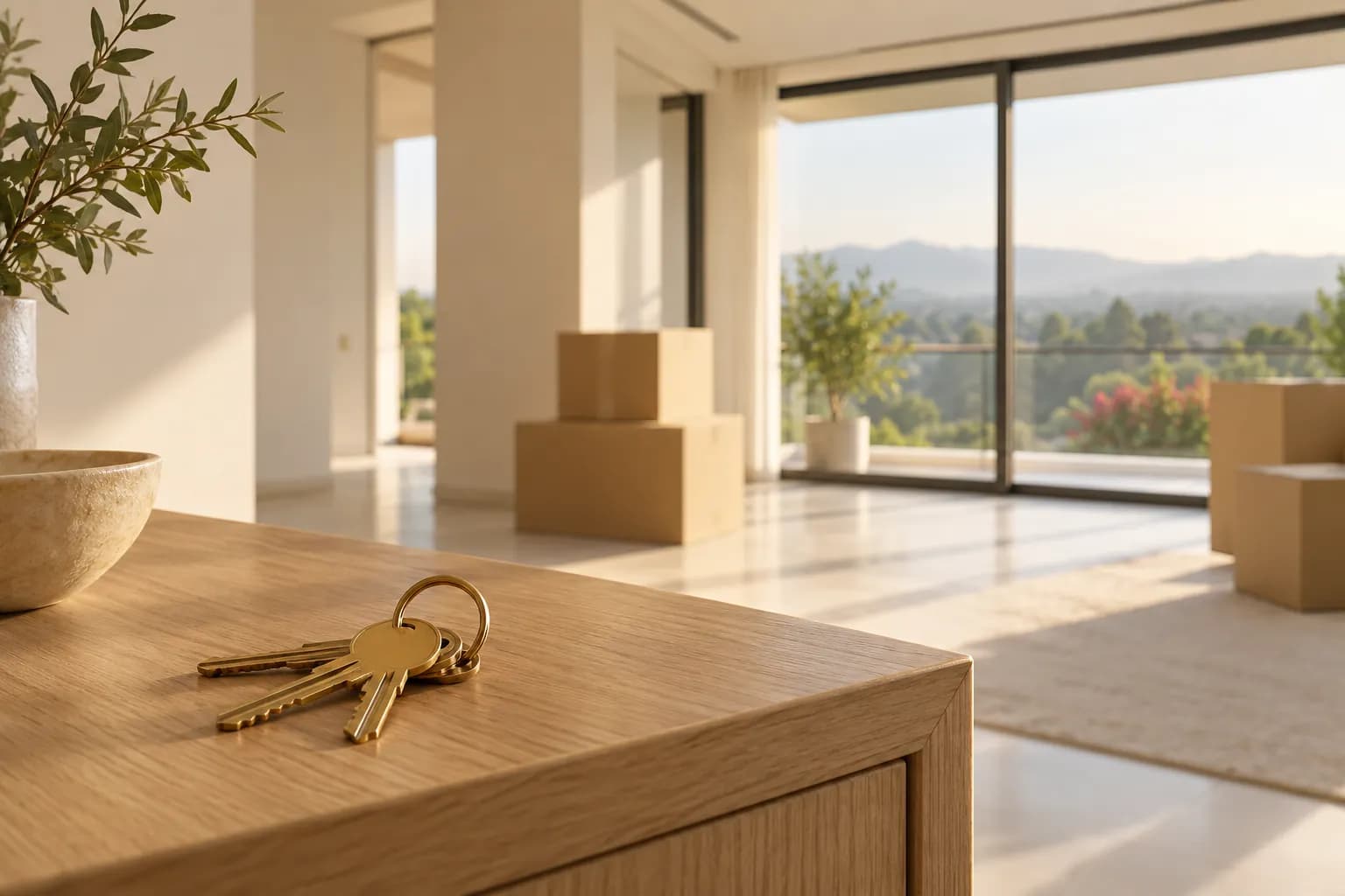 Keys on a counter in a bright, empty apartment