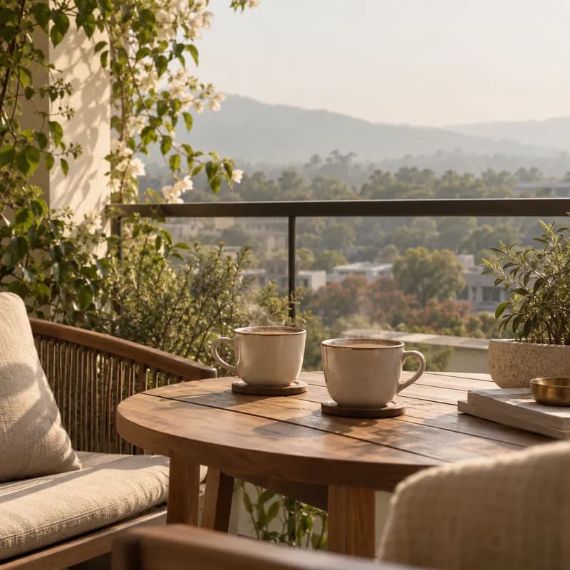 Two cups on a balcony table overlooking green hills