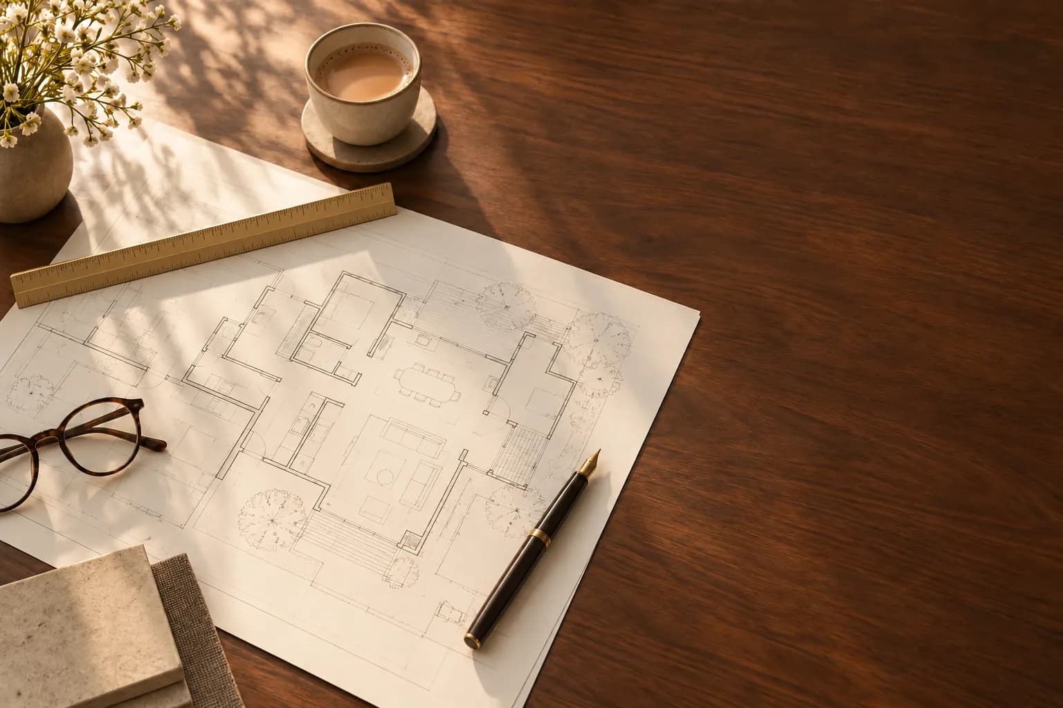 Architectural floor plans, reading glasses and coffee on a wooden desk