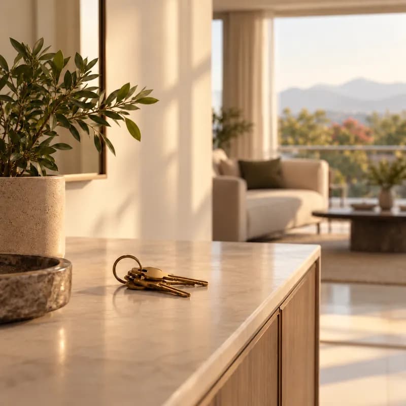 House keys on a kitchen counter beside a plant