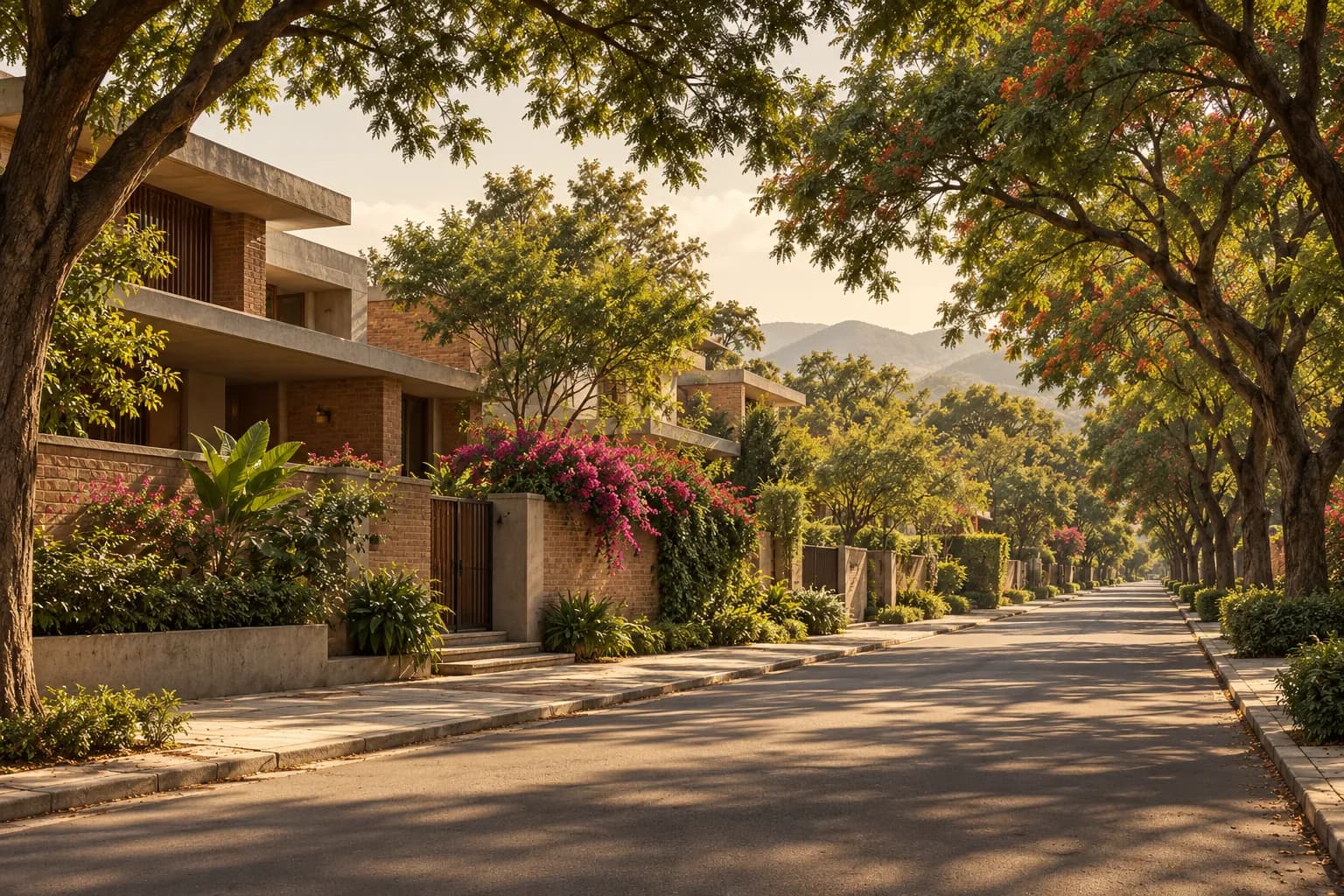 A leafy residential street with low-rise homes and flowering trees