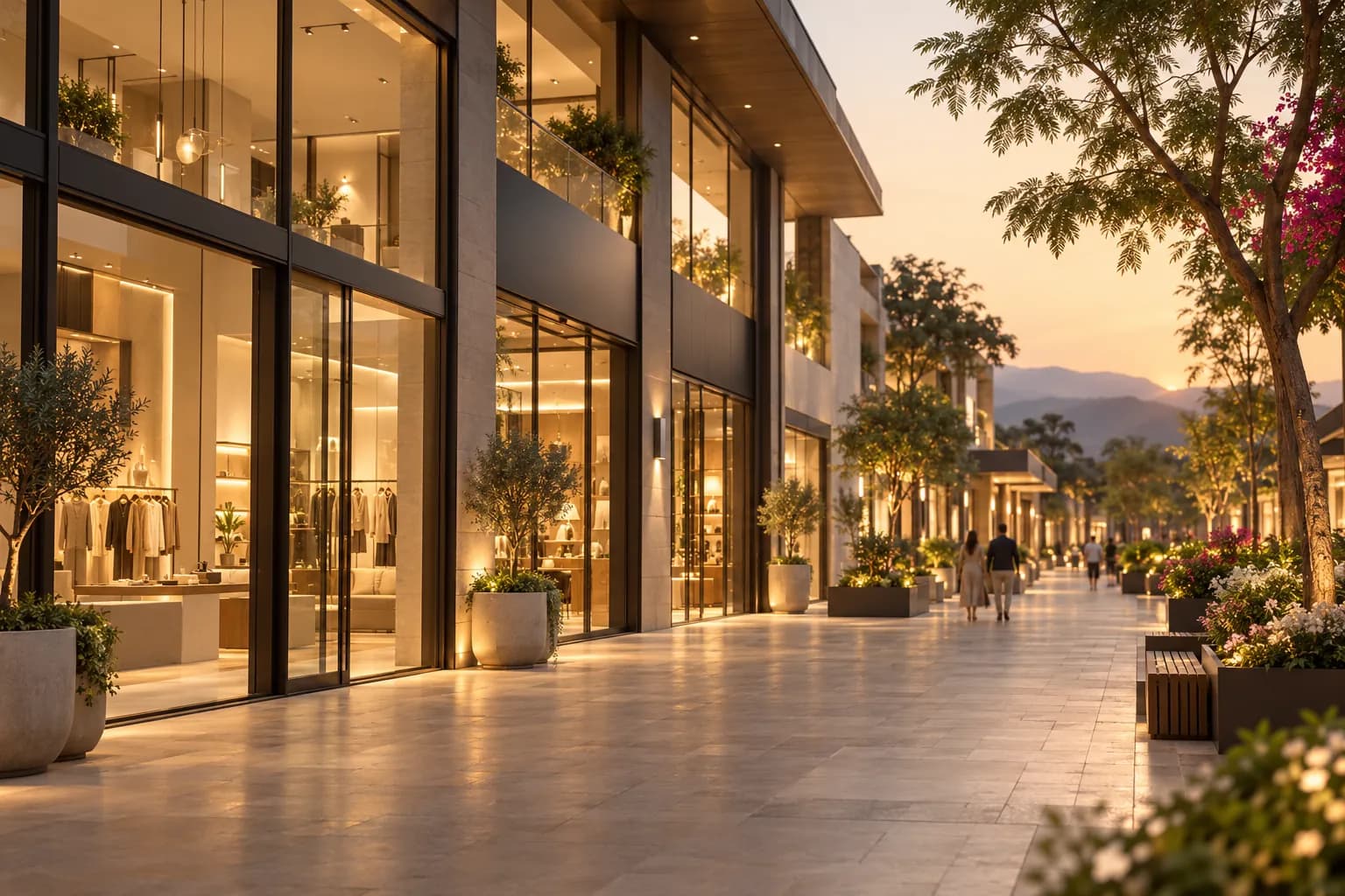 Glass-fronted shops along a landscaped promenade