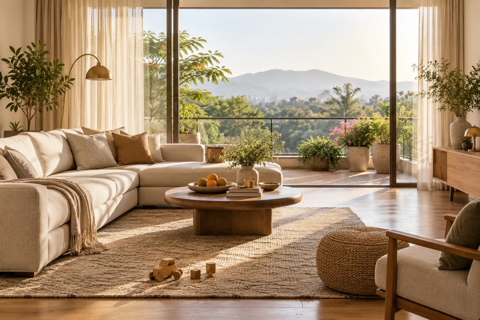A bright living room with a view across green hills