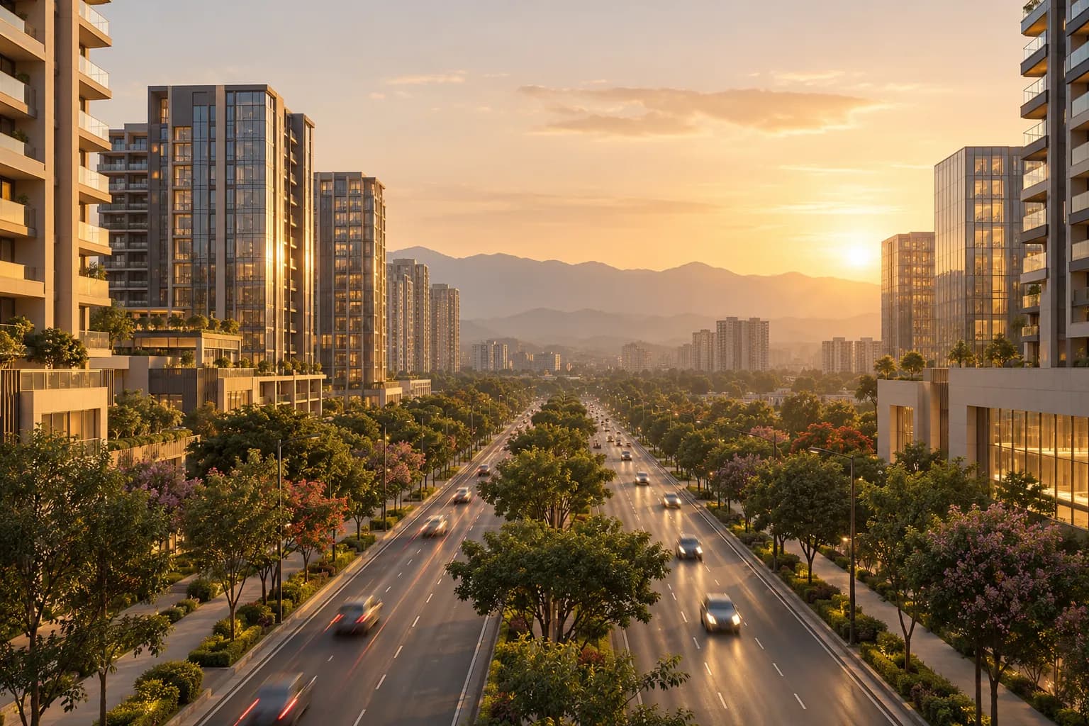 A tree-lined boulevard between mid-rise apartment towers at sunset