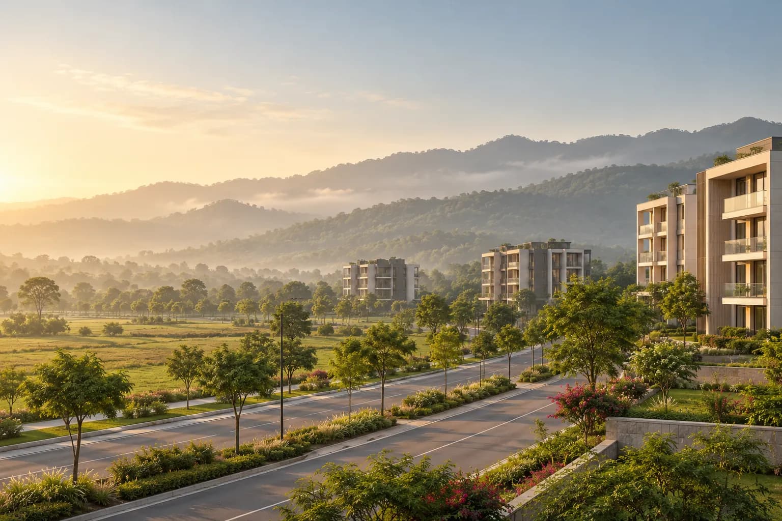Broad avenues and new apartment towers below wooded foothills