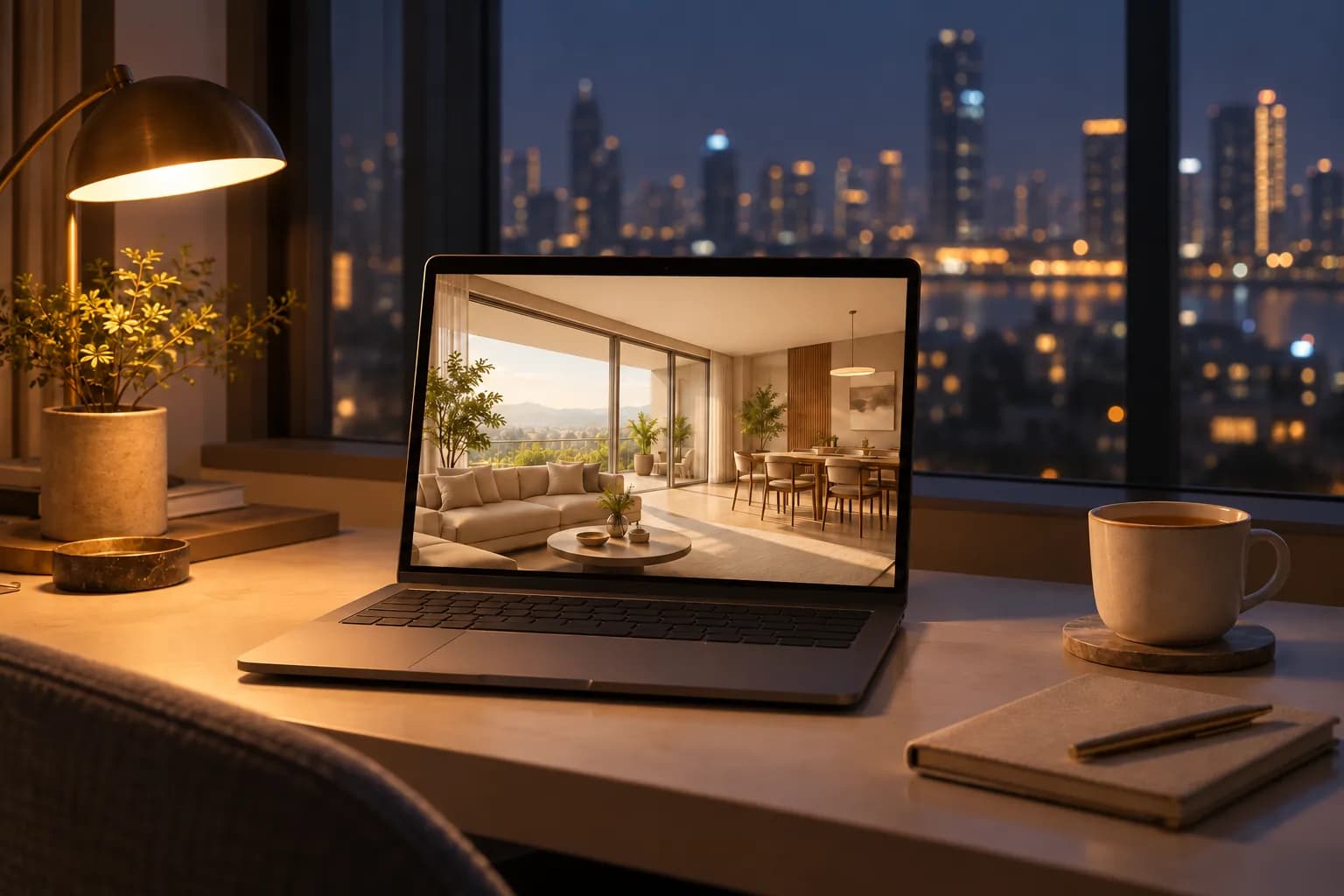 A laptop on a desk at night, city lights beyond the window