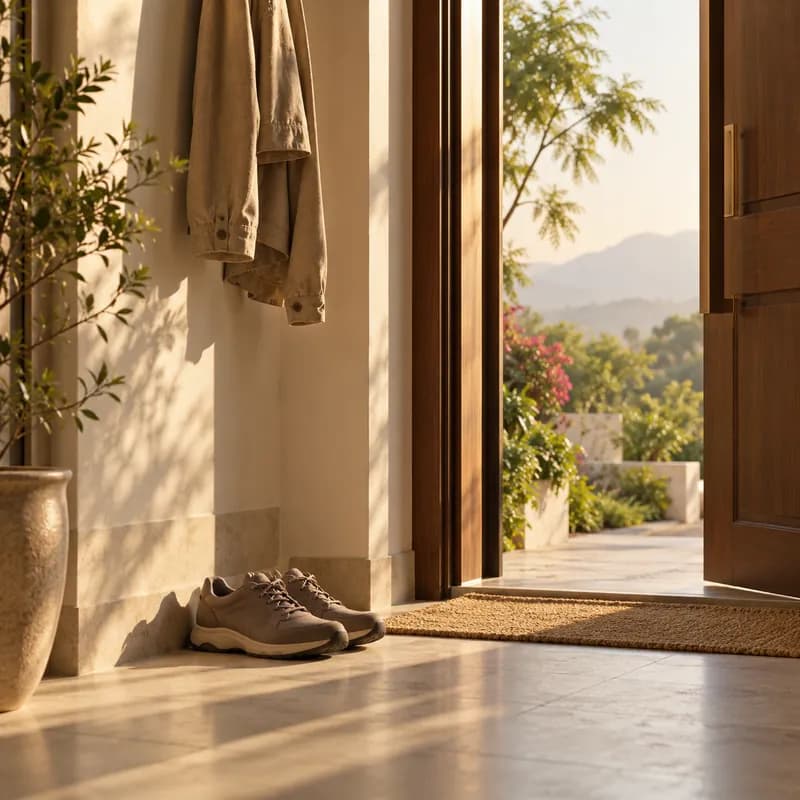 An open front door onto a sunlit hallway